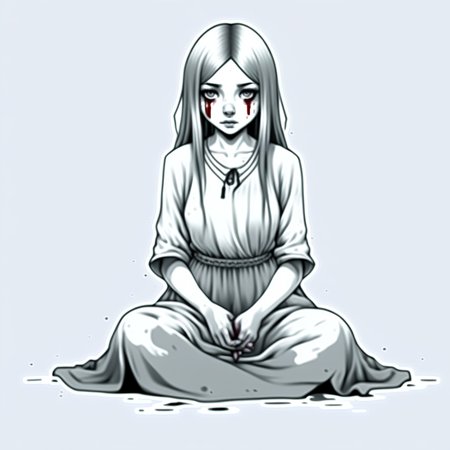 spot color, dress, traditional media, 1girl, monochrome, blood, greyscale