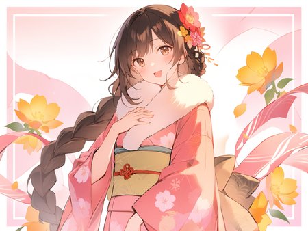 1girl, 
solo, japanese clothes, pink background, white background, long sleeves, open mouth, brown eyes, braid, flower, head tilt, long hair, sash, obi, kimono, floral print, blush, single braid, upper body, pink kimono, looking at viewer, :d, brown hair, smile, fur collar, hair flower, print kimono, two-tone background, hand on own chest, wide sleeves, yellow flower, hand up, 
masterpiece, best quality,  safe
 <lora:mki-ani31-blackmeow-v1-000120:1>