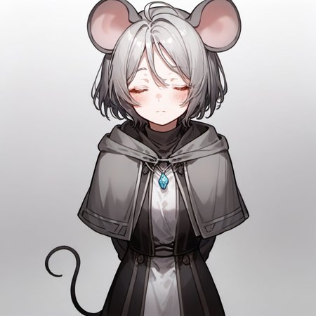 score_9, score_8_up, score_7_up, score_6_up, upper body,
ratkin, 1girl, solo, blush, short hair, simple background, white background, dress, animal ears, jewelry, closed mouth, tail, closed eyes, ahoge, grey hair, pantyhose, necklace, black pantyhose, capelet, arms behind back, facing viewer, pendant, grey dress, grey capelet, nazrin,
<lora:ratkin_race_v1-000008:0.8>,