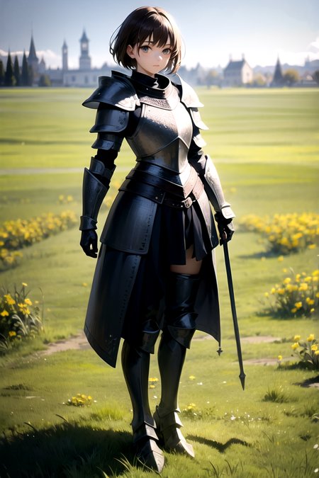 masterpiece, best quality, 1girl, solo, short brown hair, (Black armor:1.2), black helmet, full body, fantasy, cowboy shot, field of grass, castle, close up