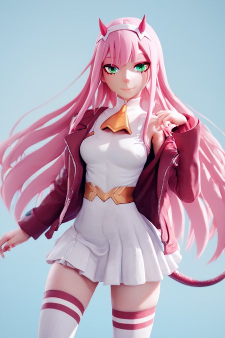 score_9, score_8_up, score_8, medium breasts, (curvy), cute, eyelashes,       BREAK, , BREAK, <lora:zero-two-ponyxl-lora-nochekaiser:0.8>, zero two, green eyes, hairband, horns, long hair, pink hair, red horns, white hairband, jacket, leggings, red jacket, white footwear,, <lora:BeanisPDXL:1.0>, , BREAK,  smile, looking at viewer, cowboy shot,  embedding:zPDXL, Expressiveh, <lora:SDXLFaeTastic2400:0.5>,  <lora:Expressive_H-000001:0.4>,