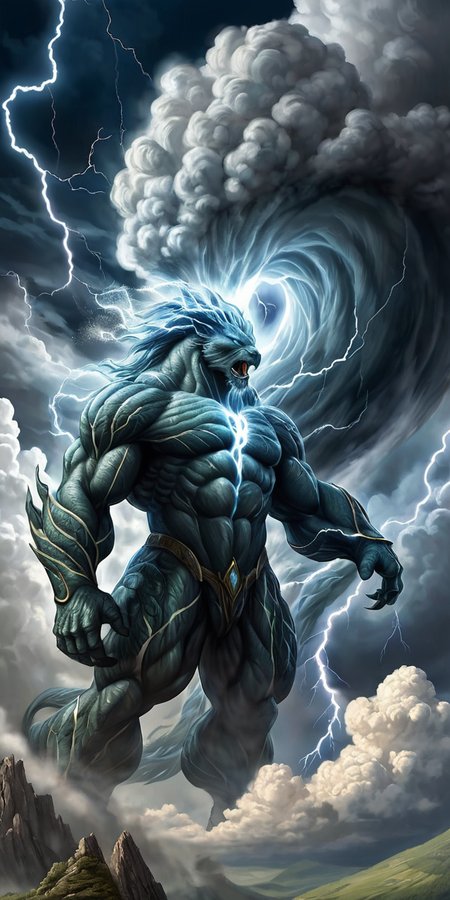 An air elemental, male, creature, made of wind, gust, tornado, flying, clouds, a giant creature  , air crackling with lightning, powerful, ancient<lora:detailed_notrigger:1>,<lora:add-detail-xl:1>