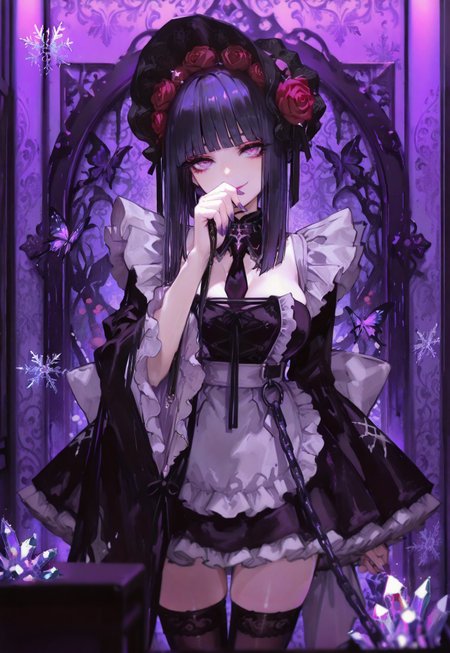 safe_pos, (Theme: Draconic Crystals). masterpiece, newest,absurdres,incredibly absurdres,1girl, solo, Shizuku Kuroe, cosplay, leash, wig, purple eyes, solo, purple hair, thighhighs, apron, frills, black thighhighs, dress, indoors, wide sleeves, chain leash, makeup, black dress, smile, lipstick, nail polish, necktie, detached collar, hair ornament, breasts, flower, frilled dress, black headwear, bonnet, red rose, hairband,,bug, butterfly, bangs, black hair, looking at viewer, long hair, blunt bangs, covered mouth, purple eyes, purple theme, eyelashes, flower, pink eyes, snowflakes look like crystals, 
dark_theme,abstract background, 
depth of field,white sphere on the background