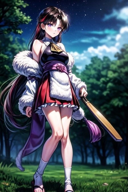 masterpiece,  best quality 1girl Setsun4 solo long hair,  (night time) forest background black hair very long hair purple eyes multicolored hair armor (fur trim) (medium body),<lora:EMS-179-EMS:0.800000>,<lora:EMS-293862-EMS:0.800000>ascot, bare shoulders, black footwear, detached sleeves, embellished costume, frills, japanese clothes, nontraditional miko, red skirt, sandals, sarashi, skirt, socks, armor, miko