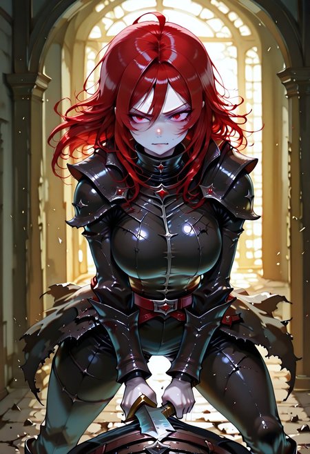 masterpiece, best quality, highres, absurdres, amazing quality, high resolution, 
Red Eyes, Red Hair, pale skin, Black Medieval Armor, leather straps
holding sword
curved blade, swinging sword, angry, brave perspective, hand raised up