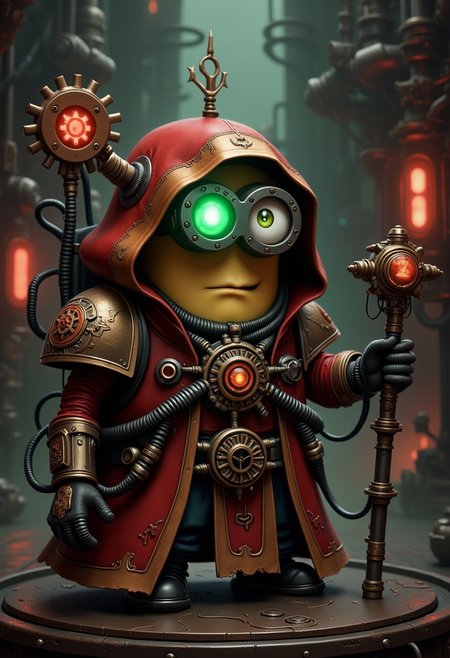 A highly detailed depiction of a one-eyed Minion dressed as a Warhammer 40k Techpriest, with a perfect blend of the Minion’s playful characteristics and the gothic sci-fi aesthetic. The Minion’s single large goggle eye glows with a bright green hue, peering out mischievously from the shadow of an oversized, red, and gold hood decorated with cog-toothed edges. Its small, round yellow face is unmistakable, with its quirky expression contrasting against the ominous tech-adorned garb.
The Techpriest robes are tailored to fit the Minion’s stubby form, with intricate Mechanicus insignias and a mechanical arm protruding humorously from its back, holding a glowing sacred relic. Tubes and wires wrap around its body but leave enough of the Minion’s iconic yellow skin exposed to highlight its identity. In its hand, it grips a staff with a glowing cogwheel symbol at the top, while tiny gears and steam vents subtly accentuate its small stature. The background is an industrial forge world, with towering machinery and glowing red and green lights, enhancing the eerie yet comical vibe of the scene