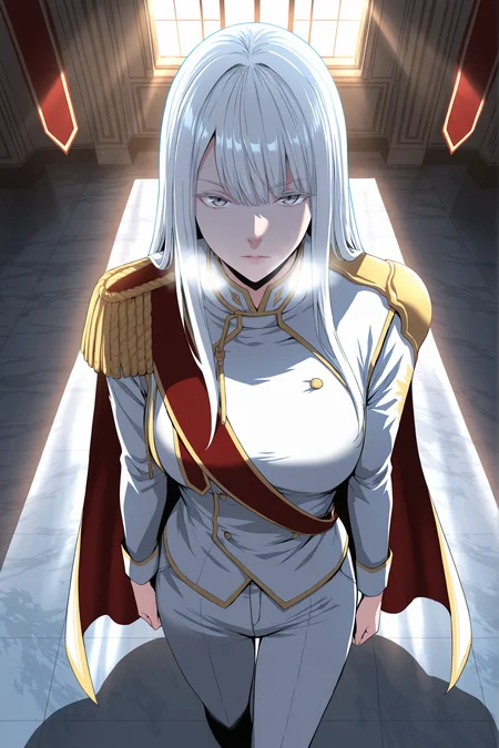 masterpiece, best quality, ultra-detailed, absurdres, newest,cinematic lighting, regal mood , mature female, 
1girl, solo, varayaurae, white hair, long hair, bangs, grey eyes, white military uniform, gold trim, epaulettes, red sash, red cape, white pants,cold face,
foreshortening, from above,looking at viewer, straight posture, commanding presence, hands at sides, standing indoors, marble floor, red banner, ambient sunlight through tall windows, soft shadows, noble and poised expression, painterly aesthetic, polished detail, dramatic walking
