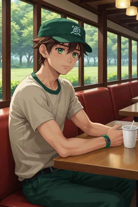 score_9, score_8_up, score_7_up, source_anime, rating_safe, , anime screencap, , official style, , , 1boy, solo, male focus, <lora:keitaro_nagame_pony:0.8>, keitaro_nagame, brown hair, green eyes, short hair, , , symmetry, restaurant, day, knees together feet apart, sad, , flat cap, <lora:sdxl_lightning_8step_lora:1>