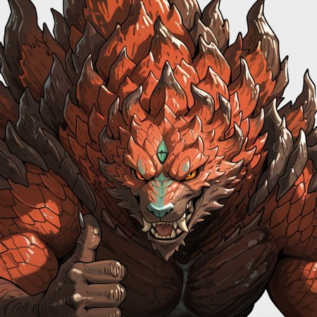 masterpiece, absurd res, best quality, newest, 2024, 8k, 4k, cartoon, anime, detailed, solo, Ajarakan, close-up, monster, fangs,  thumbs up, upper body, white background,