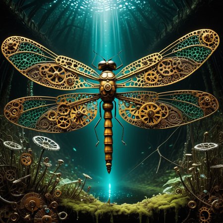 embedding:lazypos, A dragonfly made of roast gears hovering above a bioluminescent swamp, iridescent cog-patterned wings, glowing piston-engine abdomen, misty gears floating on water, High-Resolution, surreal ecosystem. <lora:gearstyle-000001:1.0000000000000002> <lora:TrendCraft_The_Peoples_Style_Detailer-v1.0A-3_13_2025-illustrious:0.8000000000000002>