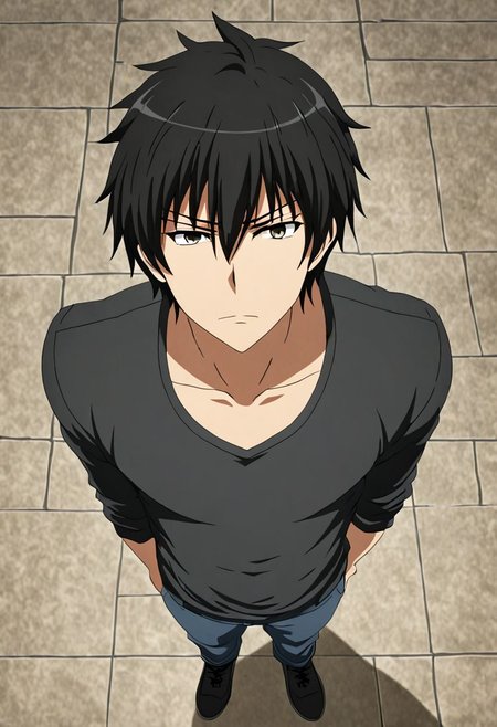 high resolution, solo, best quality, 1Boy, Kanie Seiya, Black Hair, standing, straight facing upwards, casual, seen from above, arrogant face, dominant, intimidate, OverallDetail