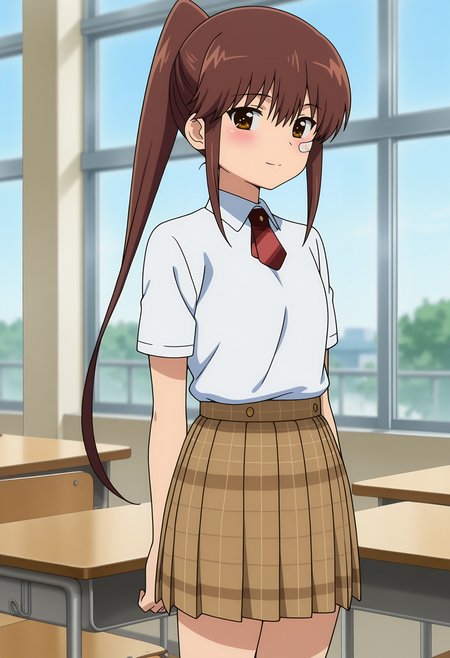 anime screencap, masterpiece, best quality,
<lora:KissXSis_SuminoeRiko_IlluXL:0.9>,
1girl, solo, closed mouth, light smile, blush,
high ponytail, long hair, brown hair, brown eyes, bandaid on cheek,
collared shirt, white shirt, short necktie, striped necktie, red necktie, short sleeves, pleated skirt, plaid skirt, light brown skirt,
standing, looking at viewer, cowboy shot,
indoors, desk, classroom, day, window, photo background, blurry background
