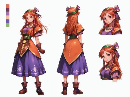 <lora:Leena-CC:0.9> masterpiece, best quality, amazing quality, very aesthetic, absurdres, depth of field, blurry background, extremely detailed face, detailed eyes, (official style:1.2), screencap,
<lora:CharacterDesignIllustrious_Concept:0.8> CharacterDesignIllustrious, reference sheet, simple white background, (color guide:1.2), (multiple views), (full body), dynamic pose, front, back,
l33n4, (Leena from Chrono Cross), 1girl, solo, long hair, red hair, orange hair, green eyes,
hair ribbon, dress, purple shirt,
smile,