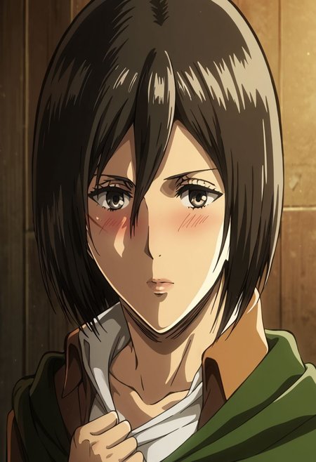 1girl, solo, Mikasa Ackermann, attack on titan beautiful face, detailed eyes, detailed face, flashing boobs, medium chest, blushing, looking away