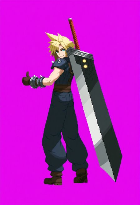 masterpiece, best quality, solo, 1boy, smile, looking at viewer,   <lora:Dengeki_Bunko-illus_Fp:1>, full body, pixel art, simple background, cloud strife, buster sword, from side, standing, thumbs up,