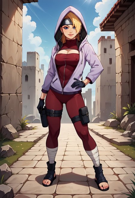 YodoBNNG, 1girl, solo, fair-skinned girl, blonde hair, long hair, unruly hair, hair between eyes, hair over one eye, large bang, forehead protector, dark blue eyes, lips, large breast, cleavage cutout, clothing cutout, hood, hoodie, jacket, half-unzipped hooded light purple jacket, dark red full-body suit, black gloves,  sandals, toeless footwear, earbuds, bandages around her ankles, bandages right thigh, makeup, thigh pouch,   
seductive pose, sexy pose, tease,  in the spotlight,,
smile,ruins,hand on hip,
score_9, score_8_up, score_7_up, beautiful aesthetic, very intricate, high quality details,vibrant, highly detailed, award-winning, professional,anime artwork, anime style, studio anime, athletic, curvy body, athletic girl, perky tits,large breast,perfect tits, round breasts, nipple outline,looking at viewer, pinup pose,teasing, dynamic lighting, cinematic, smug, better than you, aura of temptation, highly detailed, high resolution, masterpiece, detailed clothes, detailed background, highly detailed, ((sound effects)) comic layout,