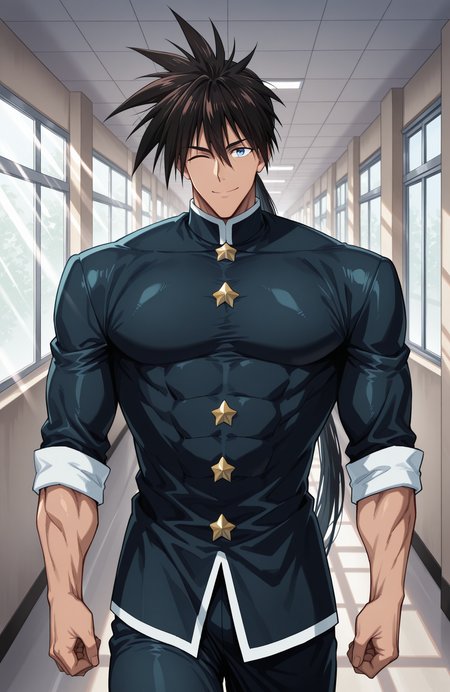 <lora:[Char - IL] One-Punch Man - Suiryu (R2E14):1.0> opm_suiryu, very long hair, 
muscular male,
cowboy shot,
skin tight, gakuran, ponytail,
looking at viewer, closed mouth, happy, wink,
school hallway, sunbeam, window, vanishing point,