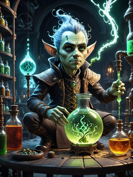 breathtaking breathtaking illustration in the style of gris grimly and clive barker and lars grant-west,sparks fear and imagination in the viewer,masterpiece,intricately detailed,a halfling chemist in his lab brewing magic potions and poisons, Ultra-HD-details, glow effects, godrays, Hand drawn, render, 8k, octane render, cinema 4d, blender, dark, atmospheric 4k ultra detailed, cinematic, Sharp focus, big depth of field, Masterpiece, colors, 3d octane render, 4k, concept art, trending on artstation, hyperrealistic, Vivid colors, extremely detailed CG unity 8k wallpaper, trending on CGSociety, Intricate, High Detail, dramatic . award-winning, professional, highly detailed