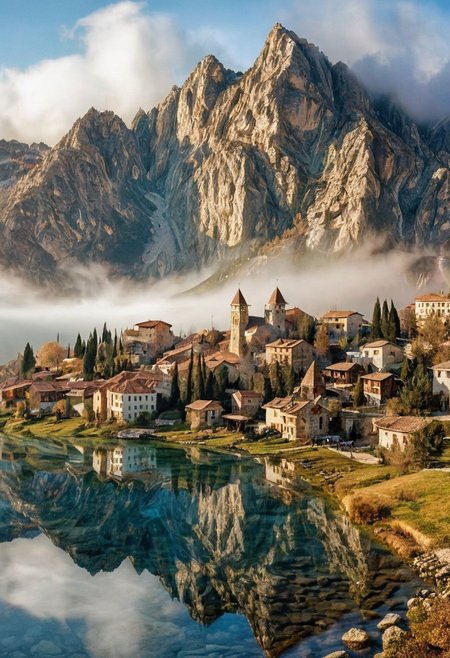 their peaks veiled in mist. mixed media, surrealism, great lighting, A surreal landscape highly detailed . extremely high-resolution details,  appears trapped in an optical illusion of reflections and refractions colorful , mountains and village in Turkey, professional photography, natural lighting, volumetric lighting maximalist. intricately detailed, complex, elegant, expansive, fantastical, film photography style,  medium grain