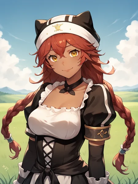 score_9, score_8_up, score_7_up, score_6_up, score_5_up, score_4_up, BREAK, source_cartoon, source_anime, 1girl, lupusregina, red hair, long hair, twin braids, yellow eyes, dark skin, choker, dress, hat, maid, upper body, sadistic smile, looking at viewer, solo, blue sky, grass, meadow background     <lora:LupusReginaXL:1>