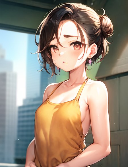 sam yang, 1girl, art of ellie from the last of us, backlighting, bare shoulders, blurry, blurry background, blush, breasts, closed mouth, collarbone, earrings, forehead, freckles, hair over shoulder, jewelry, short hair bun, looking down, pointy nose, gold lips, shadow, solo, thick eyebrows, thick eyelashes, upper body, ((masterpiece))   <hypernet:maplestory2GameStyle_20:1>