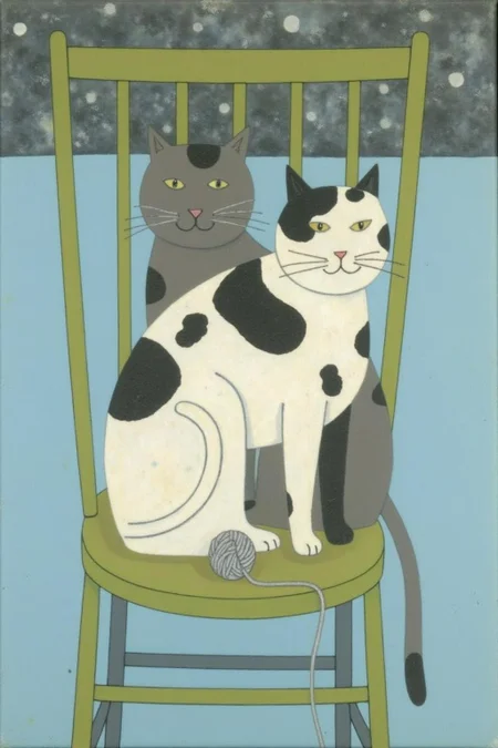 dorislee1 painting.
Two cats sit on a wooden chair with a green seat and backrest, positioned centrally. The cat in the foreground is white and black with distinctive black spots and is sitting upright. A ball of yarn with a white string extends from it, suggesting play.
 <lora:dorislee1_cap_d6a3:1.0><lora:834815787198997109:0>