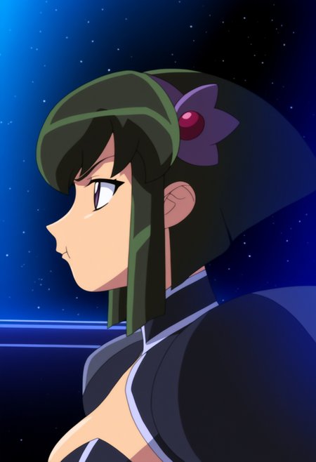 high quality, newest, hires, 
1girl, barnette orangello, purple eyes,pout,barnette outfit, hair ornament,  indoors, space, black hair, green hair,  from side, profile,