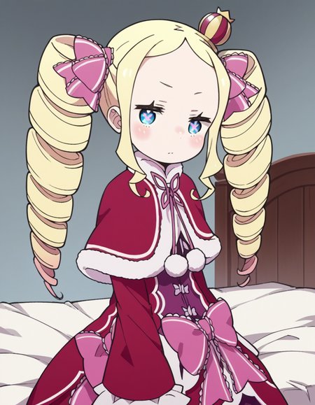 score_9, score_8_up, score_7_up, source_anime, <lora:rezero-beatrice-s3-leak-ponyxl-lora-nochekaiser:1>, beatrice, long hair, blue eyes, blonde hair, twintails, hair ribbon, sidelocks, symbol-shaped pupils, drill hair, twin drills,, dress, ribbon, fur trim, capelet, crown, mini crown, red capelet, frills, bowtie,, indoors, bed, bed room, on side, blush, drunk, looking at viewer, solo,, cowboy shot, dutch angle