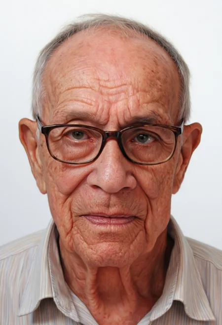 photorealistic painting of an old 100 y.o. man looking at the viewer, with deep skin wrinkles, neutral expression, balding hair, detailed skin with pores, thick frame glasses, in front of a neutral white background <lora:hyperrealism-000103:1>