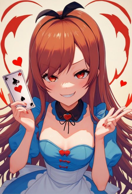 score_9, score_8_up, score_7_up, 1girl, alice in wonderland style, blue dress, detached collar, Queen of Hearts, holding card, smug grin, Ami Arakawa