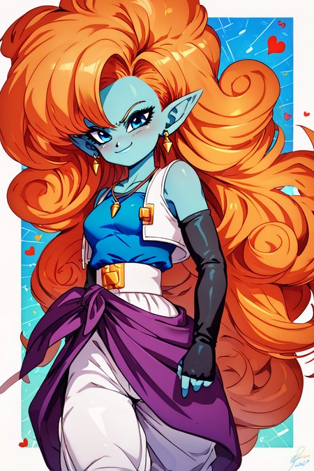 score_9, score_8_up, score_8, medium breasts, (curvy), cute, eyelashes,       BREAK, ,  zZangya, blue eyes, blue skin, pointy ears, orange hair, curly hair, long hair, big hair,  jewelry, necklace, detached sleeves, bare shoulders, vest, gloves, white baggy pants, <lora:Zangya_Dragonball_PDXL:0.8>, , BREAK, smile, closed mouth, looking at viewer, cowboy shot,  ,,, embedding:zPDXL, Expressiveh, ,,, <lora:MantisStyle_PDXL_v2:0.8>, <lora:SDXLFaeTastic2400:0.5>, <lora:Expressive_H-000001:0.4>,