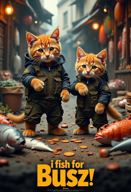 a realistic picture,((((Display the text "i sell fish for buzz!!" on top a movie poster))))
Movie poster of 2 orange cats wearing black military tactical pants and military boots and  wearing black hoodie, and tactical gears, the orange cats standing in front fish stall in market, image of a hand offering BUZZ COIN,(  the usual stacks of cash  Instead, the shelves are lined with small, neatly arranged coins, each shaped like a tiny, stylized orange lightning bolt. The coins are labeled as "Buzz." )) to a fishmonger cat, holding fish, 8k, ultra detailed, at the market, <lora:cashbaba:0.6>  <lora:xl_more_art-full_v1:0.5> I  background: traditional fish market ,his two paws are grasping onto a bright yellow buzz coin,that is almost his size as he is trying to drag it off the counter top, logo:1.9 <lora:Harrlogos_v2.0:1.9>, (full body shots),
((((Display the text "i sell fish for buzz!!" on a movie poster))))