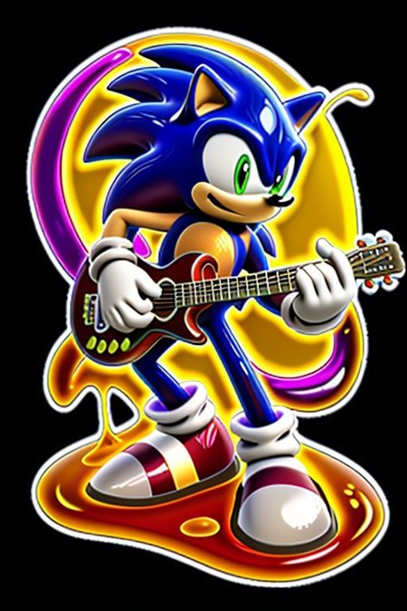 Create a vibrant, high-energy scene featuring Sonic the Hedgehog playing a guitar. Sonic is posing in a dynamic, rockstar stance, with his iconic red shoes and white gloves contrasting against the colorful, gooey slime.
The guitar is covered in a thick, translucent layer of slime-morph that's dripping and oozing down the instrument's body. The slime is a bright, electric green and is adorned with colorful, swirling patterns that match Sonic's energetic personality.
The scene is set against a bright, sunny background with a hint of a cityscape or a futuristic landscape. The atmosphere is lively and energetic, with bold, dynamic lines and vibrant colors that match Sonic's speed and personality.
The image should have a stylized, cartoonish feel with bold lines, vibrant colors, and a sense of dynamic movement. Sonic and the slime guitar should be depicted in a fun, exaggerated manner, with a focus on conveying energy, excitement, and rockstar attitude.