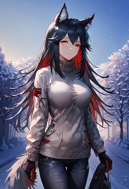 1girl, texas (arknights), female, young, wolf girl, wolf tail, wolf ears, animal ear fluff, amber eyes, multicolored hair, black hair, red inner hair,  (slender body:1.2), (medium breasts:1.2, round breasts, perfectly shaped breasts), (wide breasts:1.4), sweater, denim pants, happy, park, taut clothing, extremely tight shirt, inviting expression, side view, dutch angle, dark eyeliner, winter colors, (low-angle view:1), walking down a path, wearing mittens on hands, (petite body:1.4), 
score_9, score_8_up, score_7_up, (masterpiece, best quality, very aesthetic, ultra detailed), intricate details, beautiful face, detailed eyes, detailed background, granblue_fantasy_style_xl, expressiveh, light from above,