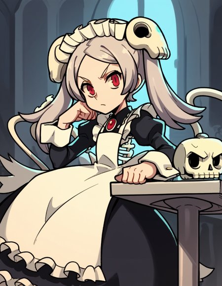 score_9, score_8_up, score_7_up, source_anime, <lora:skullgirls-marie-ingame-ponyxl-lora-nochekaiser:1>, marie, hair ornament, red eyes, twintails, skull, skull hair ornament, grey hair, forehead,, apron, maid, maid headdress, long sleeves, wrist cuffs,, bowling alley, lanes, pins, balls, fun, , sitting, head rest, table,, looking at viewer, solo,, dutch angle, cowboy shot