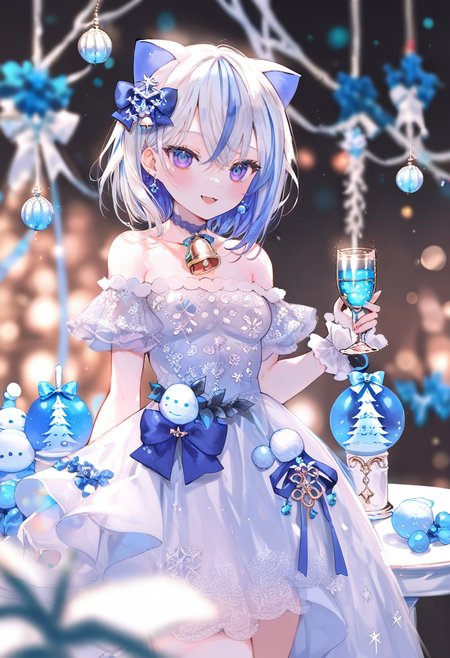 score_9, score_8_up, score_7_up, score_6_up, <lora:oninekoXL_TPN55_lokr_V43P1:0.95>   1girl, dress, solo, animal ears, cup, holding, blue hair, holding cup, smile, bell, multicolored hair, purple eyes, virtual youtuber, off-shoulder dress, looking at viewer, drinking glass, white hair, bare shoulders, white dress, wrist cuffs, open mouth, bow, cat ears, off shoulder, :d, hair bow, neck bell, jewelry, champagne flute, blush, blurry, short hair, earrings, hair ornament, flower, streaked hair, hair between eyes, blue bow, blue flower, christmas, breasts, blurry background, snowman, choker, blue eyes