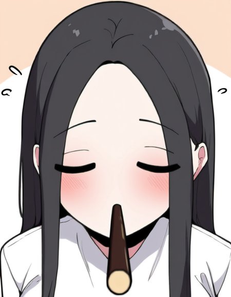 masterpiece, best quality, newest, absurdres, highres, safe,, <lora:yoo-jae-kyung-manhwa-illustriousxl-lora-nochekaiser:1>, yoo jae-kyung, long hair, large breasts, black hair, closed eyes, forehead,, <lora:incoming-pocky-kiss-ponyxl-lora-nochekaiser:1>, incoming pocky kiss, looking at viewer, blush, food, mouth hold, flying sweatdrops, pocky, closed eyes, foreshortening,, , cowboy shot, solo