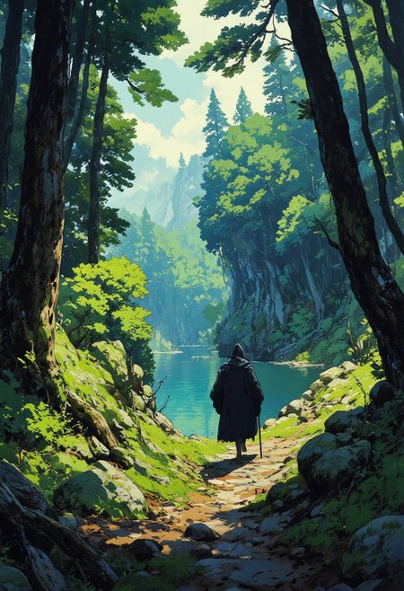 a captivating scene of a hooded figure walking along a winding forest path, heading towards a hidden, tranquil lake. The forest is dense, filled with towering pine trees that stretch high into the sky, their needles forming a lush green canopy. Rays of sunlight pierce through the branches, casting soft, dappled patterns of light and shadow on the forest floor. The path is narrow and slightly overgrown, bordered by moss and scattered pinecones. The lake is nestled within the heart of the forest, its glass-like surface mirroring the surrounding landscape with clarity. A sense of peace and mystery envelops the setting. The hooded figure is dressed in a dark cloak, adding intrigue to the scene, and holds a wooden staff, suggesting they are on a journey. The atmosphere feels serene and magical, with subtle elements evoking adventure and solitude. The composition should balance the majestic scale of the forest with the intimacy of the lone traveler’s quiet journey. DB4RZ, DB4RZ style painting, in the style of cksc, anime, cyberpunk, ghiblistyle