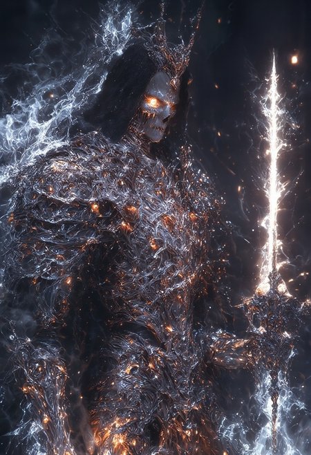 famous hyper-realistic fantasy painting, realistic, photo-realistic, highly aesthetic, accurate, ultra detailed, accurate, high resolution, uhd, 8k, 4k, dramatic, dutch angle, rule-of-thirds, epic, at night, dim lighting, generations journey reach the hallowed end, suspended water, plasma of the sacrament, the black key of the veil, the black path of water bridges transcendency, corporeal constraints, corporeal shedding, cimerian weeping caught in tired chaliced hands, disciples parched lips, imbibe sable revered essence, with dried throats consumed to expand into divine command, ethereal vision's dawn, ethereal inception, seeing through hidden screens, woven branches undulate, weaves of crystal replicate, ghastly silhouette, bringer of madness, deathless watcher, interdimensional entity, ethereal light, eldritch runes, lovecraftian, cthulhu mythos, mythp0rt, hkdeath, <lora:style-mythic_fantasy-v2-flux-by_velvets:0.68> <lora:living_death-flux-by_hailoknight:0.96> <lora:epic_gorgeous_details-balance-flux-by_flyway:0.68> <lora:image_enhancer-flux-by_dever:0.68>