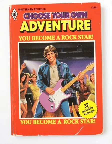 choose your own adventure vintage book cover, Title: "CHOOSE YOUR OWN ADVENTURE", colorful stylish letters, "YOU BECOME A ROCK STAR!",  "32 possible endings" "WRITTEN BY EDUROCK"  boy playing a Lavender electric guitar, live concert, passionate fan girls in love  dancing, girls dancing, fantasy, Peacock Blue leather jacket, blue jeans, smiling, stand up, ultradetailed, cross necklace, <lora:RomanceBookCover01-00_CE_FLUX_128AIT:1> rmcebkCE style , <lora:Hand v2:1>