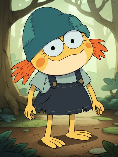 score_9, score_8_up, score_7_up,  score_6_up, BREAK, AmphiIvy, solo, smile, black eyes, orange hair, looking at viewer, yellow skin, blue shirt, overalls, blue headwear, barefoot, in the forest  <lora:Ivy_Sundew:1>  <lora:DetailedPerfect_hands_r1:0.6>