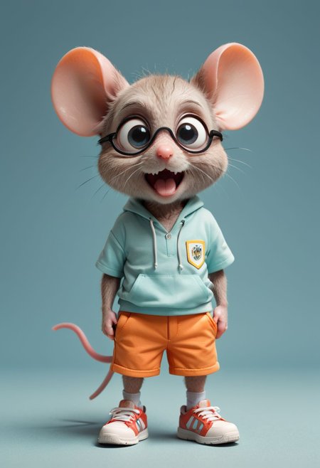 Cute little happy miniature chibi mouse with big comically bright eyes, wearing shorts and tennis shoes,