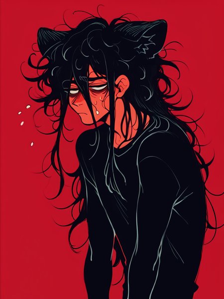 score_9, score_8_up, score_7_up, score_6_up, score_5_up,   <lora:D1zzysp3llsXLP:1> d1zzysp3lls, 1boy red background, black hair, cat ears, long hair, messy hair, tired, black shirt,
