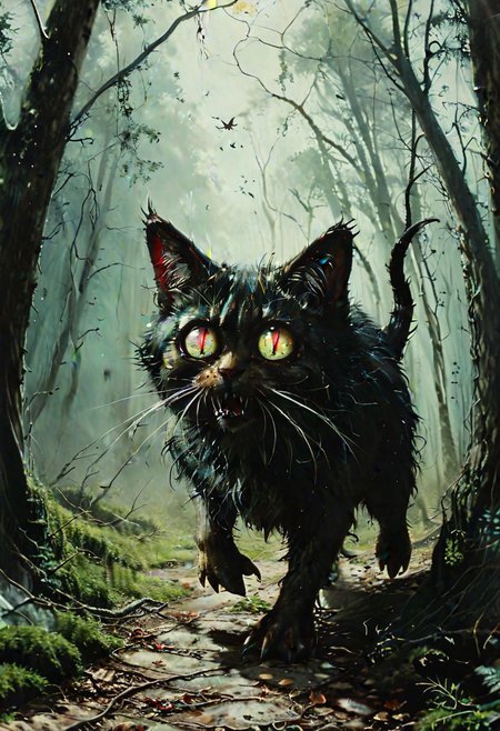 a cute but scary cat running towards the viewer, horror forest background, realistic, detailed, 8K resolution, masterpiece