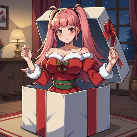 score_9, score_8_up, score_7_up, score_6_up, score_5_up, score_4_up, zPDXL2,source_anime,rating_questionable,   indoors, 1girl, looking at viewer, hilda_valentine_goneril  <lora:Present_Box:0.8> pr3s3nt, gift box, looking at viewer, in container, waist up, night time, Christmas dress, red dress white trim,