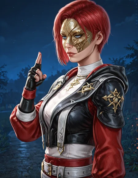 solo, gloves, red hair, mask, fingerless gloves, red sleeve,  white shirt, blue eyes, short hair, black gloves, night, 1girl, taurie cain <lora:Taurie_Cain_-_Ceremony_of_Blood_Skin_Dead_by_DaylightIIIustrious:0.6>  <lora:Dandonfuga_Style:0.8> d4ndon