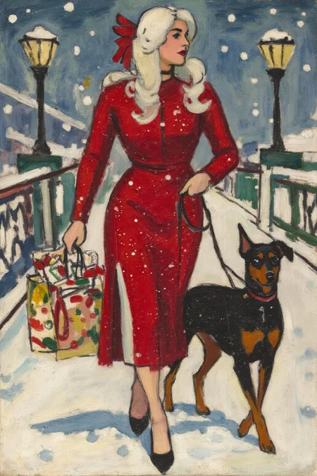 henrylymansayen1 painting.
A woman with long, wavy white hair is wearing a red dress with a high slit and a red bow in her hair. She is walking in the snow on a bridge, holding a shopping bag filled with wrapped presents in one hand and a leash attached to a dobermann dog in the other.  <lora:henrylymansayen1_cap_d6a3:1.0><lora:861456687637202796:0>