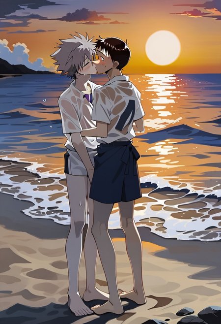 score_9, score_8_up, score_7_up, rating_questionable, BREAK,
2boys, daisyuki, kiss, kissing, standing, evangelion, shinji ikari, short hair, brown hair, blue eyes, kaworu nagisa, white hair, red eyes, wet shirt, wet clothes, nipple, shocked, eyes closed, blush, full body, long shirt, bare legs, bare feet,
beach, sunset, orange glow, dark theme, low light,