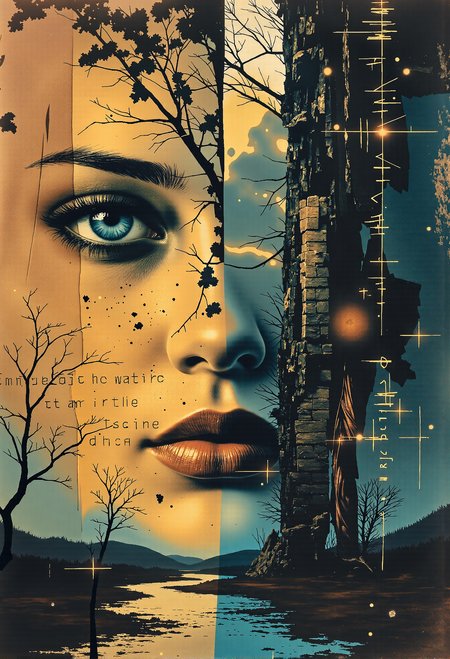 A surreal digital artwork featuring the striking, close-up portrait of a woman's face merged with a haunting landscape. Her expressive teal-blue eyes dominate the composition, gazing intently with a sense of mystery. Her face is textured as though weathered, blending seamlessly with abstract brushstrokes and splashes of vibrant yellow and deep blue, evoking both beauty and decay. The right side of the frame captures detailed ruins of an old, crumbling building, silhouetted against a glowing, amber-hued sky. Bare, skeletal trees stretch upward, while scattered glowing orbs and geometric patterns weave through the scene. Faint text fragments and glyph-like symbols hover in the background, as if etched into the air, adding layers of intrigue to the dreamlike fusion of realism and abstraction.  The lower section of the artwork reveals a tranquil yet ominous river reflecting the glowing sky, with small silhouettes of distant structures and sparse, barren landscapes. The composition is divided by a stark contrast of vibrant, fiery highlights and deep, shadowy blues, adding depth and drama. The shimmering text fragments appear to ripple subtly, as if responding to the ethereal light and movement, enhancing the enigmatic, moody atmosphere of the scene. <lora:boFLUX AbstractMorph.safetensors:0.85>,  <lora:boFLUX digital-abyss.safetensors:1.0>,  <lora:lith_mimosa_kiel_grw134_FLUX.safetensors:0.7>,  <lora:Glitchcore_Flux.safetensors:0.4>,
