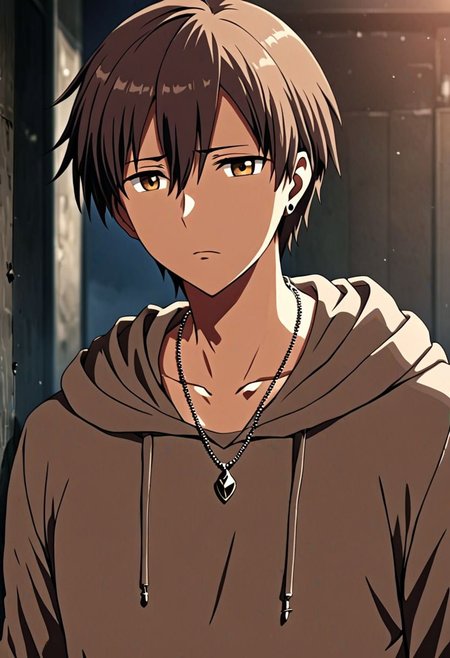 high resolution, solo, best quality, 1Boy, Takaki Toono, Brownish Hair, Brown Eyes, bangs, necklace, choker, hair between eyes, Hoodie, OverallDetail